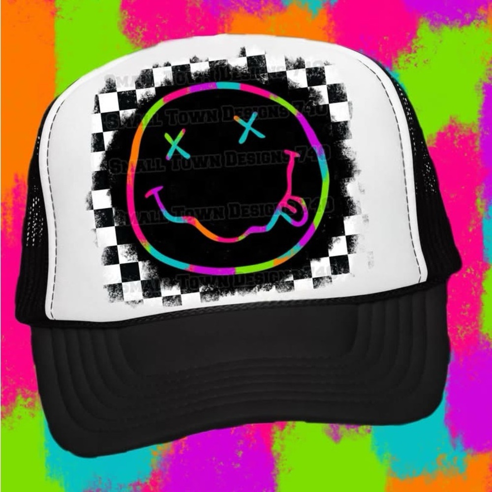 Smiley Face Trucker Hat - Black and White